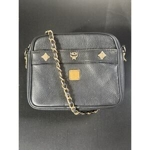Mcm Vintage Black Leather Studded Chain Crossbody Camera Bag